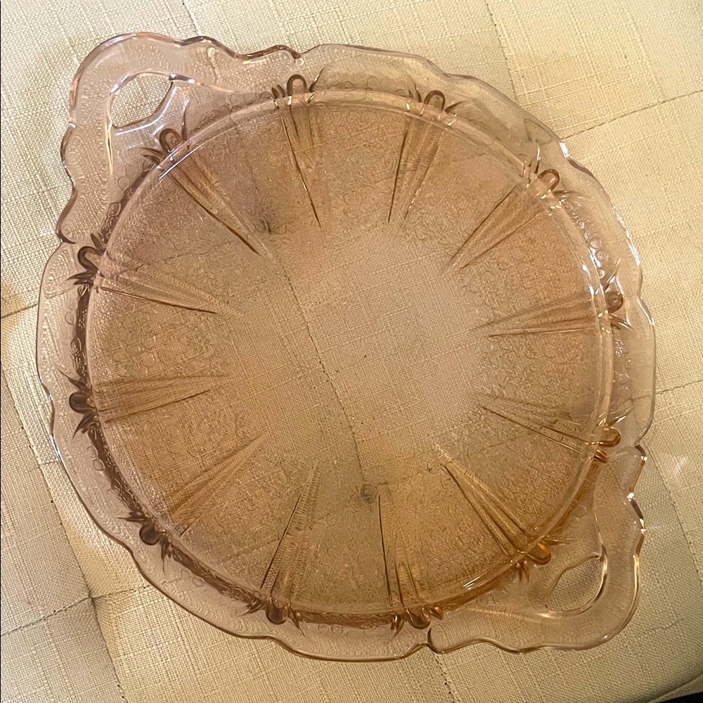 Vintage 1930s Jeannette Depression Glass CAKE PLATE Cherry Blossom Pink 10.25”